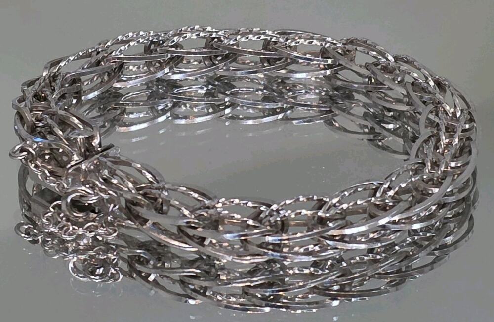 Vintage Silver Silver Braided Woven Oval Twisted Diamond Cut Link Bracelet 7.5”